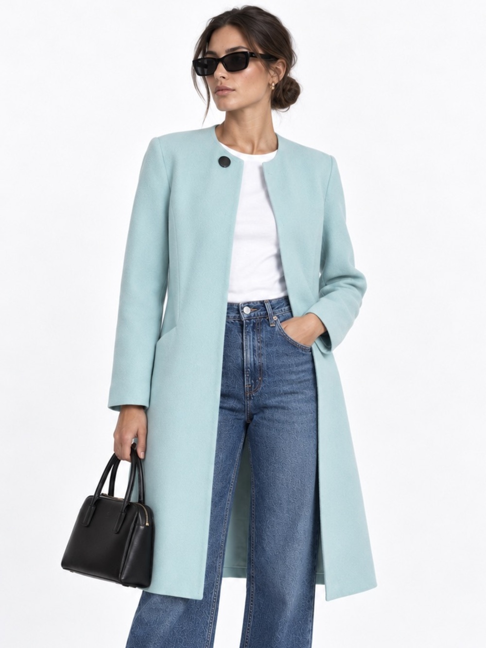 Anteprima Light Blue Cashmere Blend Collarless Hook Front Midi Coat Minimalist S